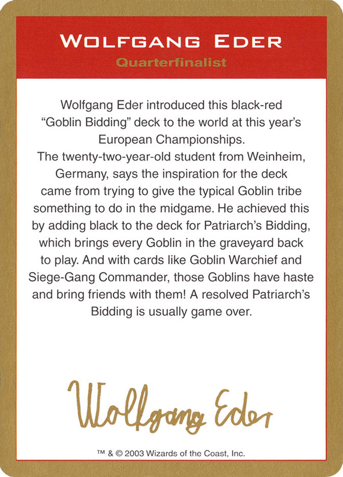 Wolfgang Eder Bio [World Championship Decks 2003] | The Time Vault CA