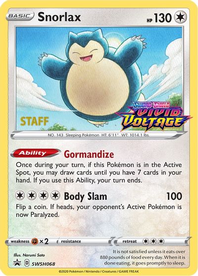 Snorlax (SWSH068) (Staff Prerelease Promo) [Sword & Shield: Black Star Promos] | The Time Vault CA