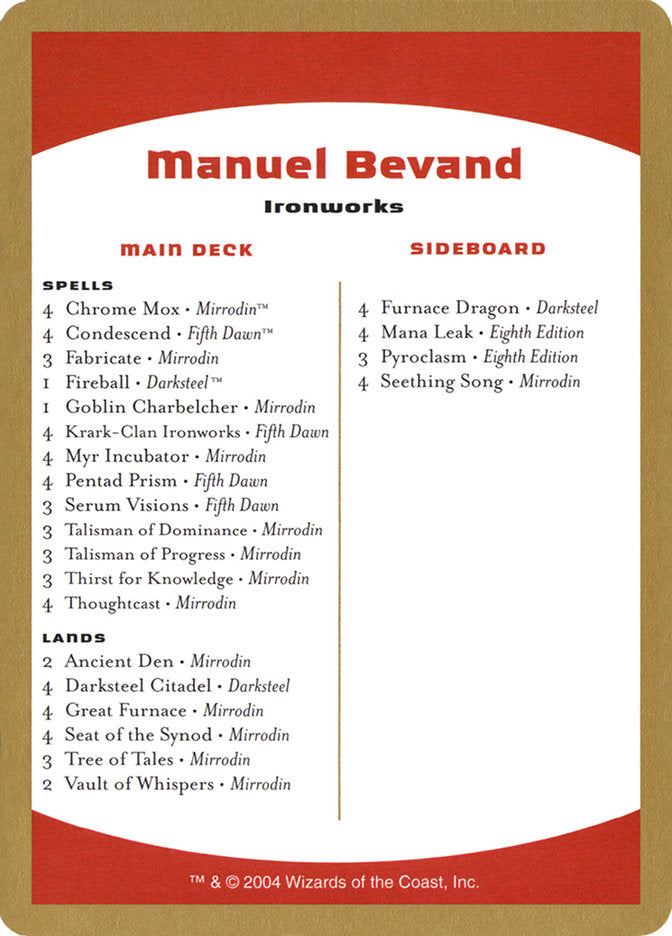 Manuel Bevand Decklist [World Championship Decks 2004] | The Time Vault CA