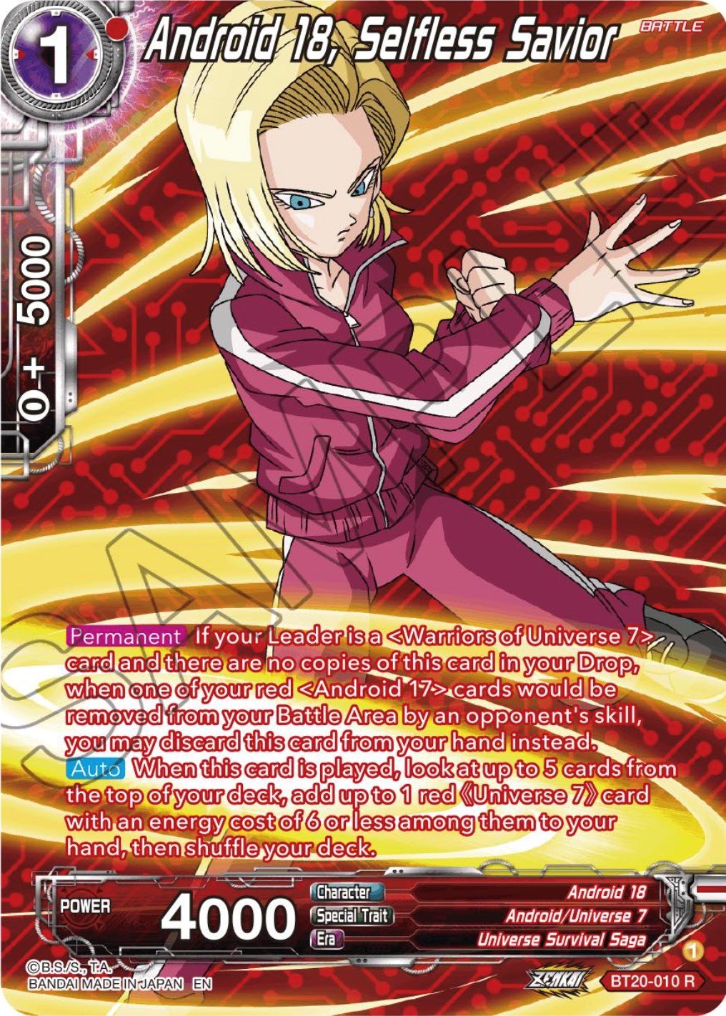 Android 18, Selfless Savior (Silver Foil) (BT20-010) [Power Absorbed] | The Time Vault CA