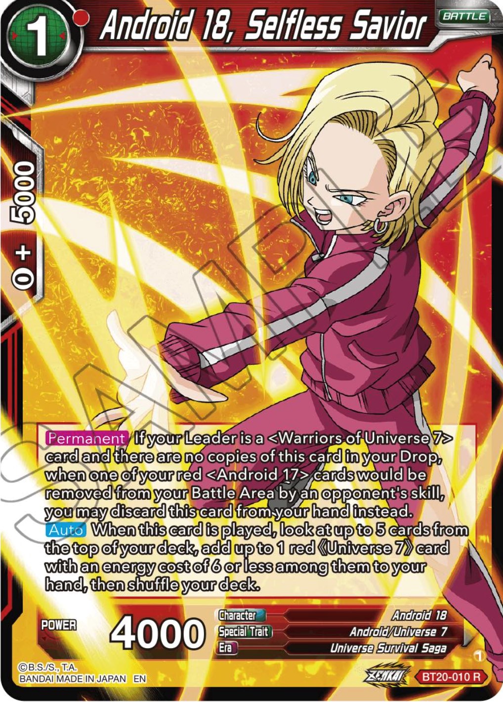 Android 18, Selfless Savior (BT20-010) [Power Absorbed] | The Time Vault CA