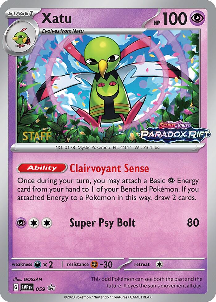 Xatu (059) (Staff Prerelease Promo) [Scarlet & Violet: Black Star Promos] | The Time Vault CA