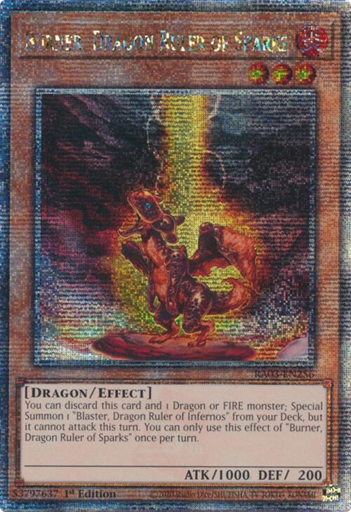 Burner, Dragon Ruler of Sparks (Quarter Century Secret Rare) [RA03-EN256] Quarter Century Secret Rare | The Time Vault CA