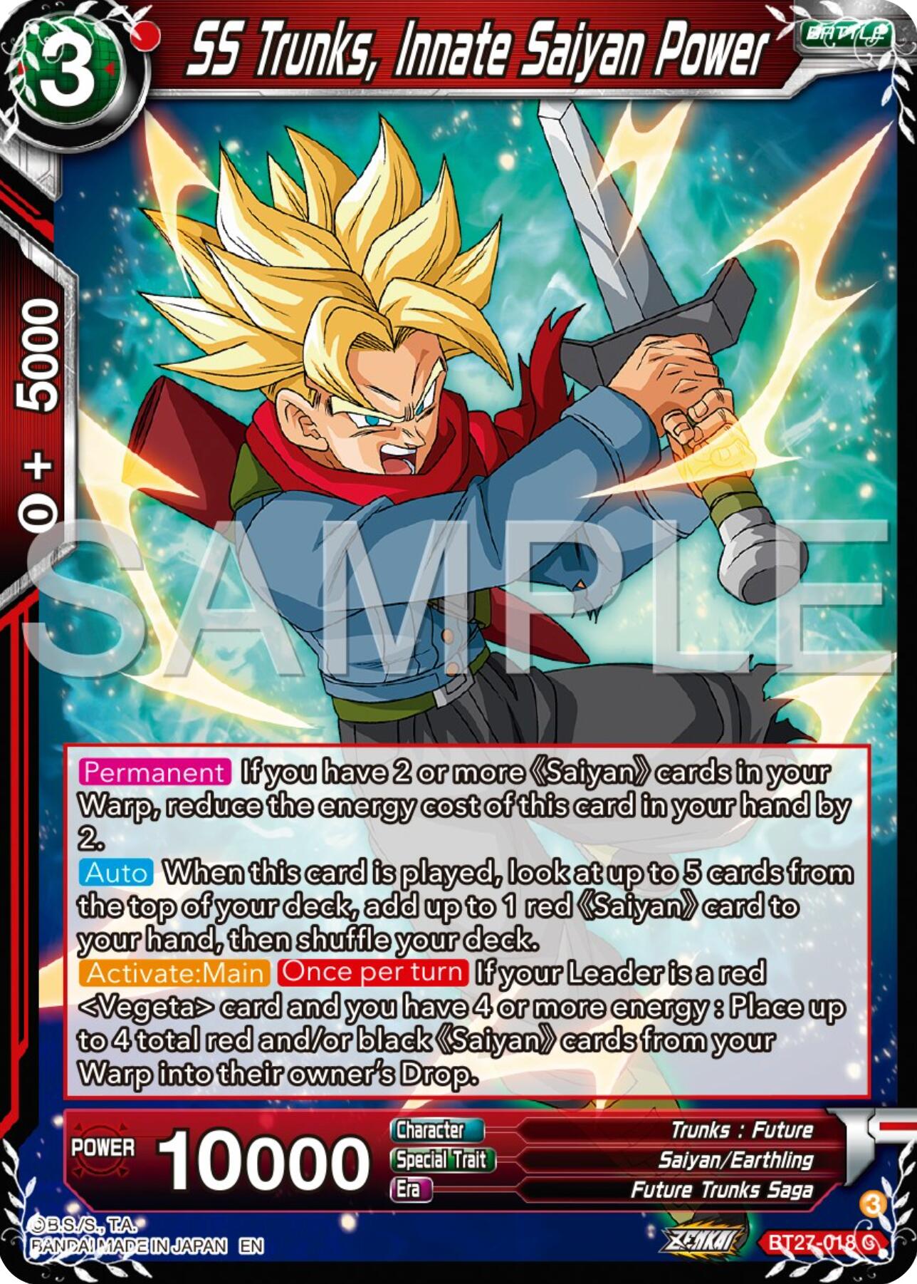 SS Trunks, Innate Saiyan Power (BT27-018) [History of Z] | The Time Vault CA