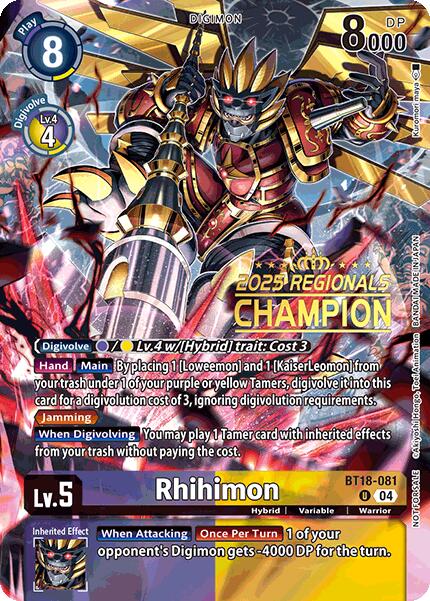 Rhihimon [BT18-081] (2025 Regionals Champion) [Release Special Booster Ver.2.0 Promos] | The Time Vault CA