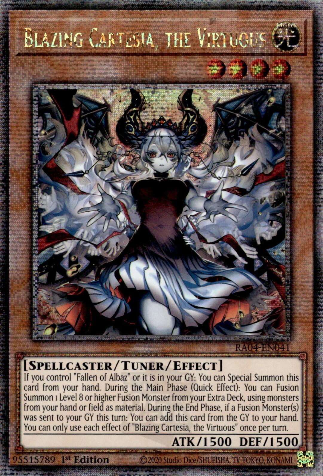 Blazing Cartesia, the Virtuous (New Art) [RA04-EN041] Quarter Century Secret Rare | The Time Vault CA