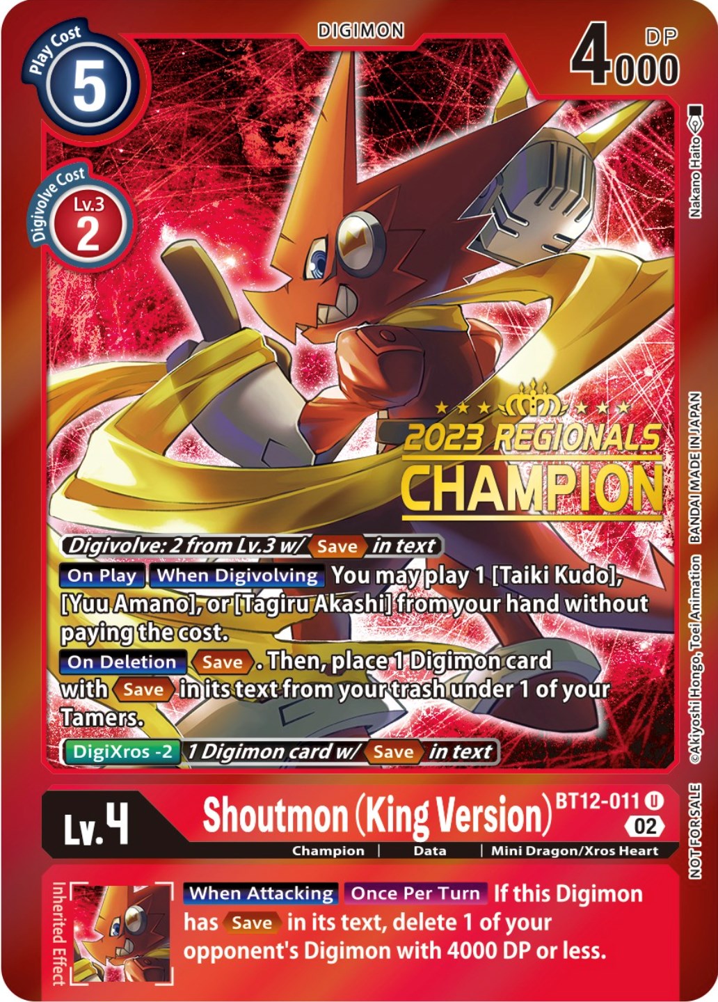 Shoutmon (King Version) [BT12-011] (2023 Regionals Champion) [Across Time Promos] | The Time Vault CA