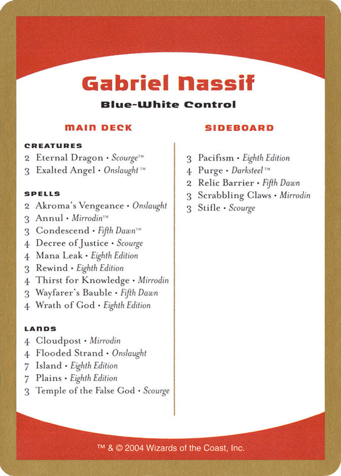 Gabriel Nassif Decklist [World Championship Decks 2004] | The Time Vault CA