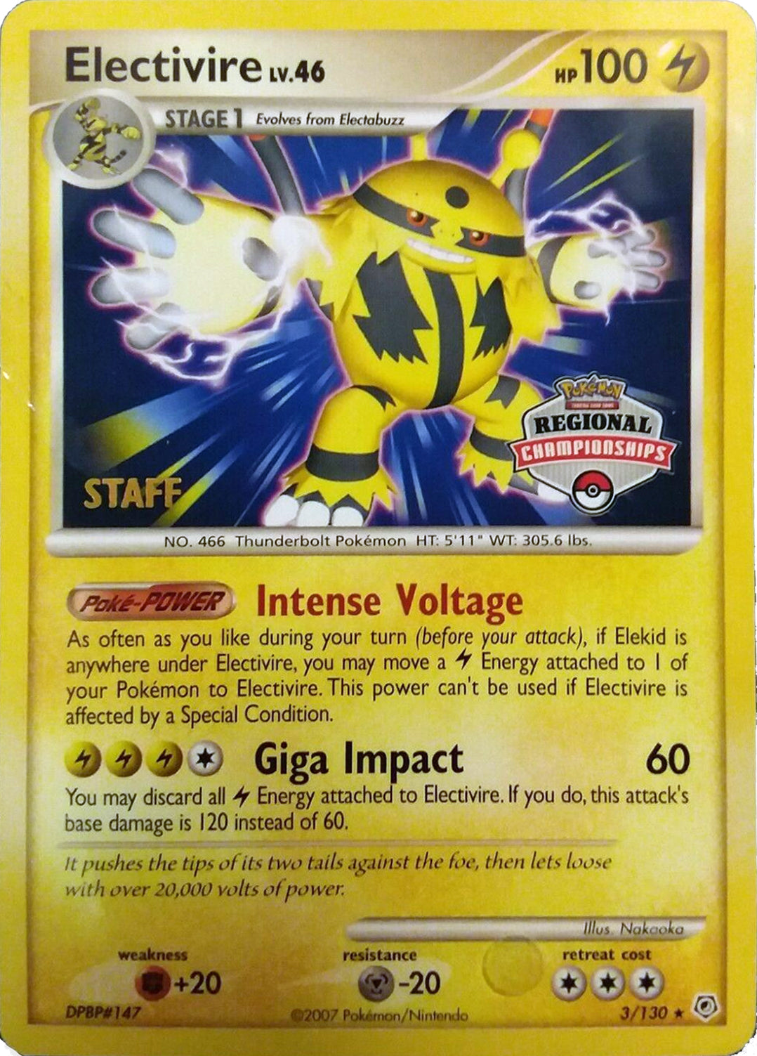 Electivire (003/130) (2008 Staff Regional Championships) [League & Championship Cards] | The Time Vault CA