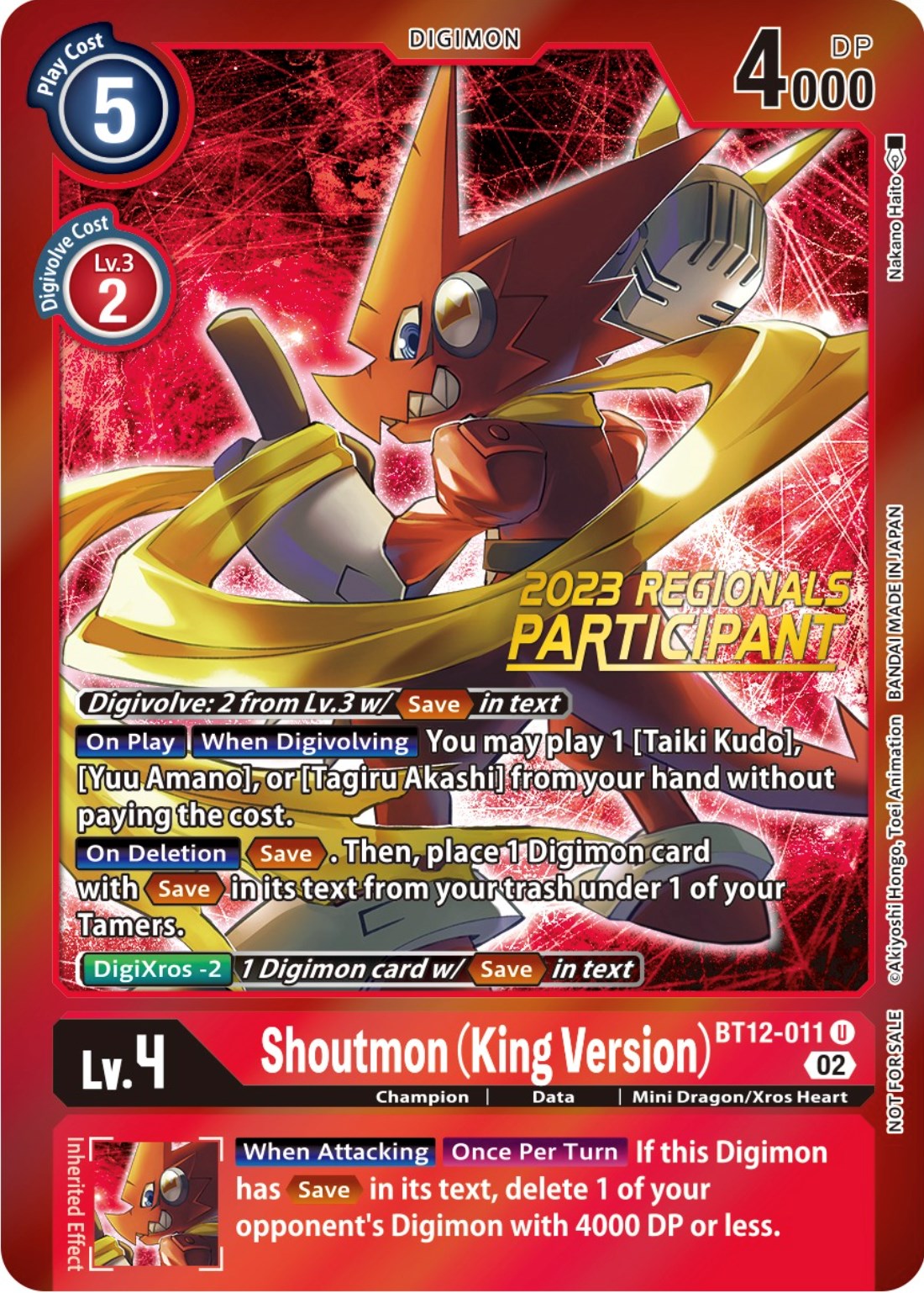Shoutmon (King Version) [BT12-011] (2023 Regionals Participant) [Across Time Promos] | The Time Vault CA