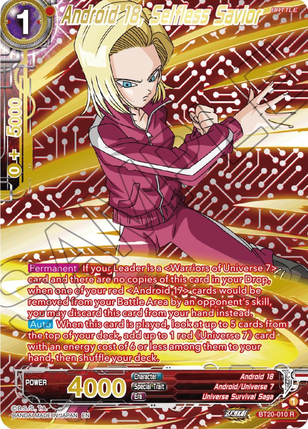 Android 18, Selfless Savior (Gold-Stamped) (BT20-010) [Power Absorbed] | The Time Vault CA