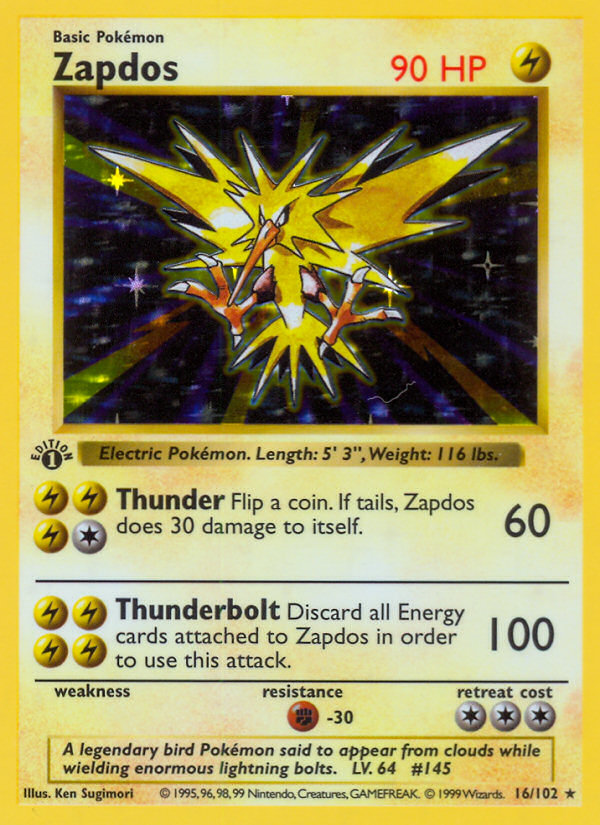 Zapdos (16/102) (Shadowless) [Base Set 1st Edition] | The Time Vault CA