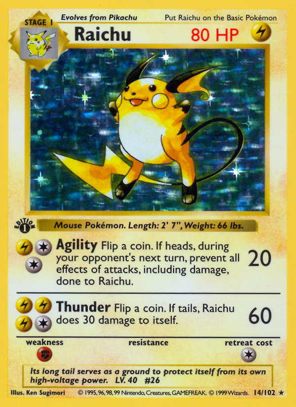 Raichu (14/102) (Shadowless) [Base Set 1st Edition] | The Time Vault CA