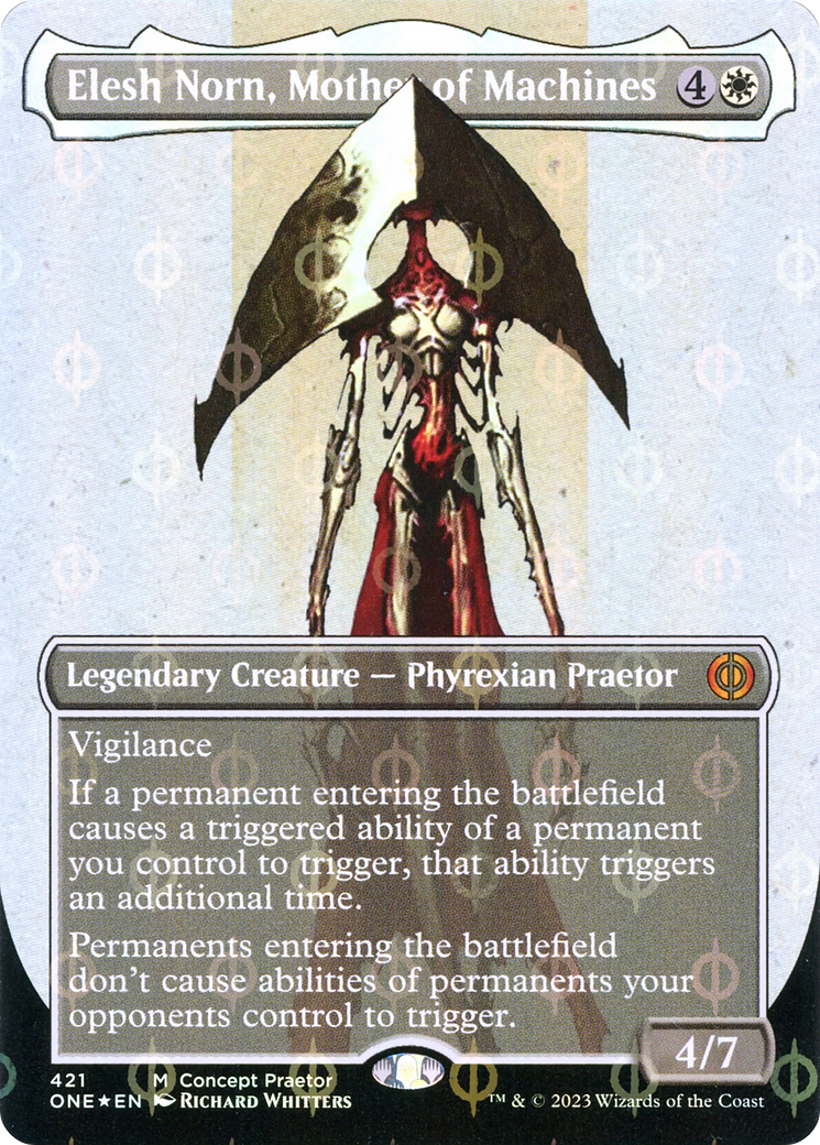 Elesh Norn, Mother of Machines (Borderless Concept Praetors Step-and-Compleat Foil) [Phyrexia: All Will Be One] | The Time Vault CA