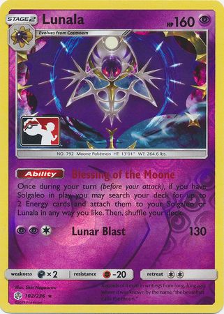 Lunala (102/236) (Pokemon Club Special Print) [Sun & Moon: Cosmic Eclipse] | The Time Vault CA