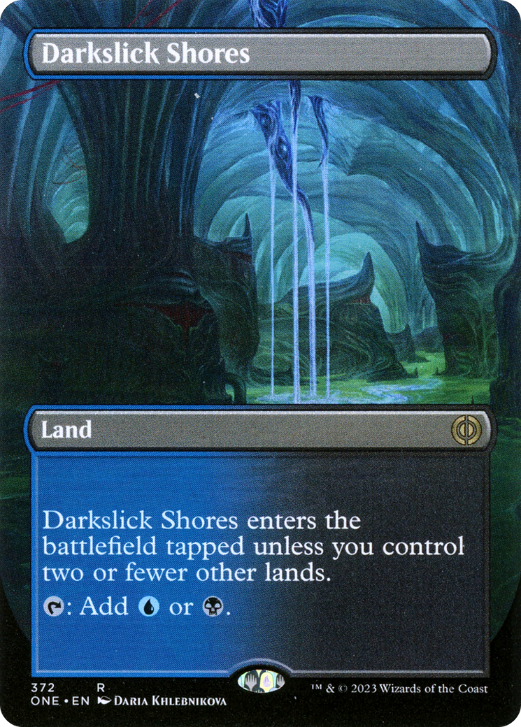 Darkslick Shores (Borderless Alternate Art) [Phyrexia: All Will Be One] | The Time Vault CA