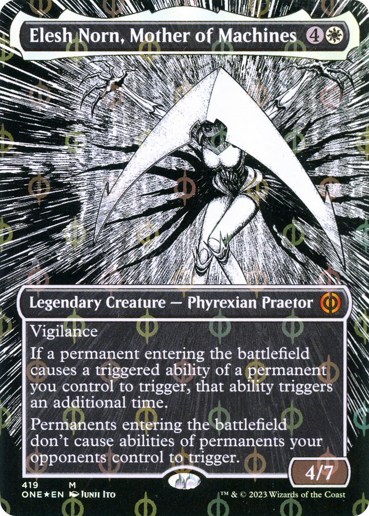 Elesh Norn, Mother of Machines (Borderless Manga Step-and-Compleat Foil) [Phyrexia: All Will Be One] | The Time Vault CA