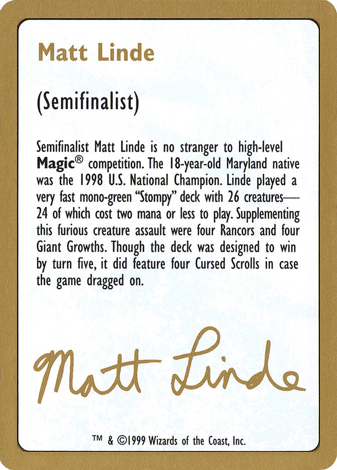 Matt Linde Bio [World Championship Decks 1999] | The Time Vault CA