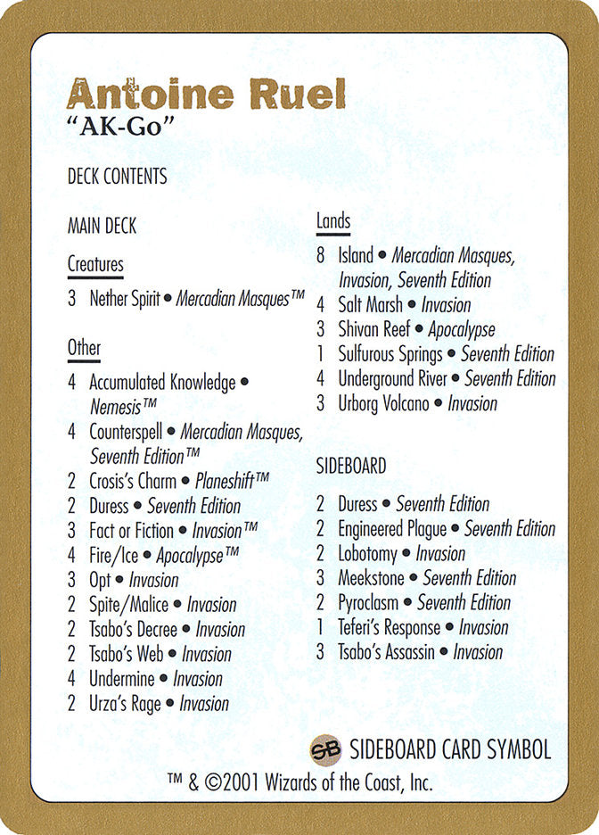 Antoine Ruel Decklist [World Championship Decks 2001] | The Time Vault CA